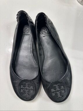 Tory Burch Black Leather Logo Round-Toe Ballet Flats